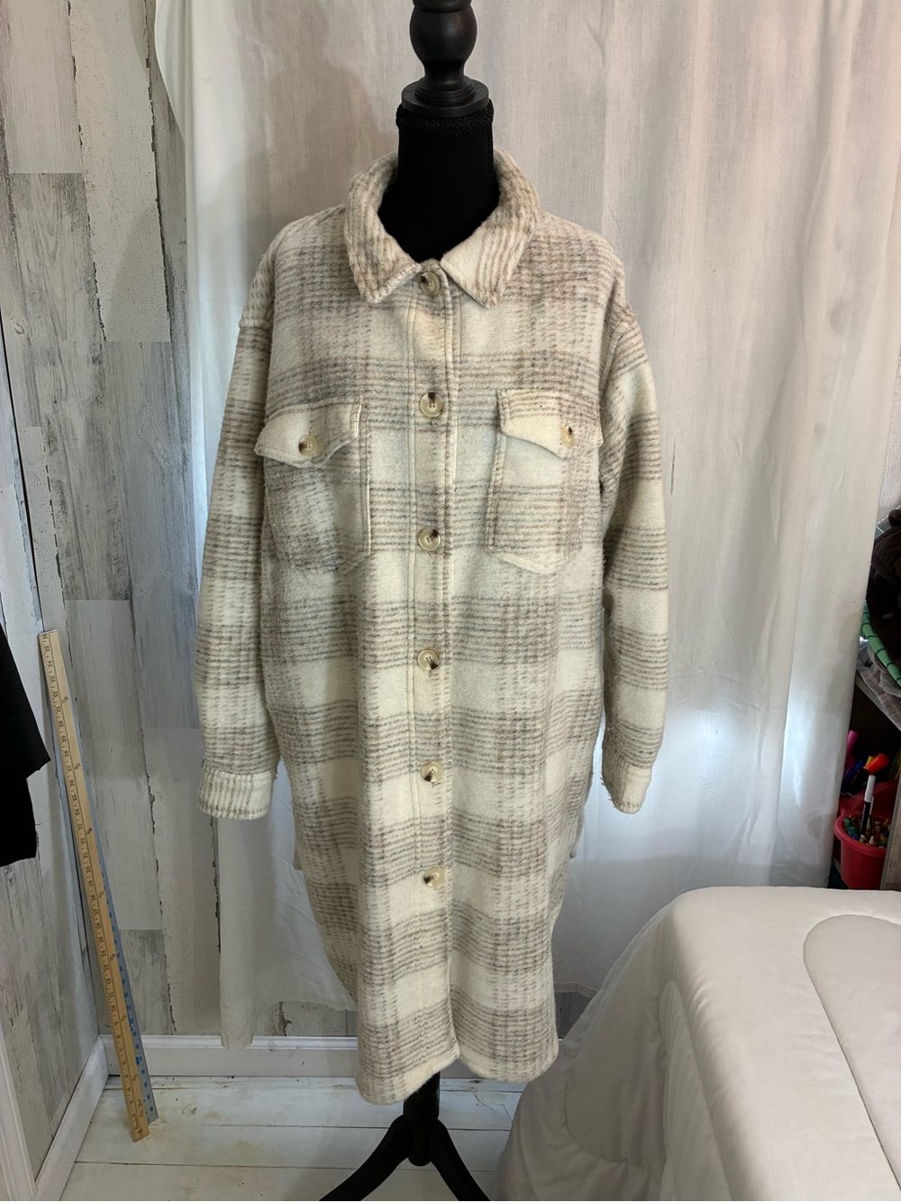 Black Tape_ Cream & Taupe Plaid Long Shacket Coat